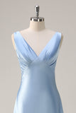 Sky Blue A Line V Neck Open Back Satin Long Bridesmaid Dress