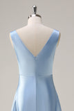 Sky Blue A Line V Neck Open Back Satin Long Bridesmaid Dress