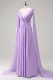 Elegant Lilac Chiffon A-Line Gown with Flowing Cape Sleeves