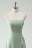 A Line Strapless Dusty Sage Long Bridesmaid Dress with Ruffles Slit