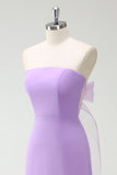 Purple A-Line Strapless Ruffled Long Bridesmaid Dress with Bow Ties