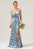 Navy Bloom Mermaid Spaghetti Straps Long Satin Bridesmaid Dress with Slit