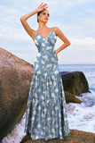 Navy Bloom A-Line Spaghetti Straps Backless Print Satin Long Bridesmaid Dress