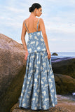 Navy Bloom A-Line Spaghetti Straps Backless Print Satin Long Bridesmaid Dress