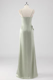 Sage Long Satin V Neck Ruffled Sheath Bridesmaid Dress