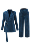 Peacock Blue Notched Lapel 2 Pieces Suits with Belt