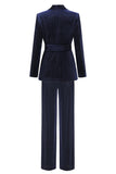 Navy Shawl Lapel 2 Pieces Women's Suits with Belt