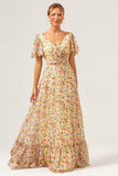 Yellow Flower Printed A-Line V-neck Short Sleeves Long Prom Dress