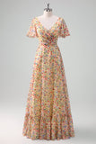 Yellow Flower Printed Chiffon A-Line V-neck Short Sleeves Long Ball Dress