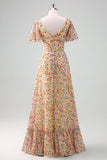 Yellow Flower Printed Chiffon A-Line V-neck Short Sleeves Long Ball Dress