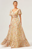 Yellow Flower Printed A-Line V-neck Short Sleeves Long Prom Dress