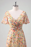 Yellow Flower Printed Chiffon A-Line V-neck Short Sleeves Long Ball Dress