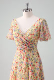 Yellow Flower Printed Chiffon A-Line V-neck Short Sleeves Long Ball Dress