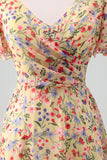 Yellow Flower Printed Chiffon A-Line V-neck Short Sleeves Long Ball Dress