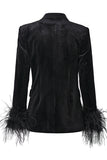 Black Peak Lapel Velvet Blazer with Feathers