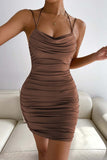 Brown Ruched Bodycon Mini Party Dress