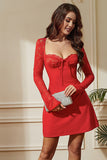 Red A-Line Lace Long Sleeves Short Party Dress