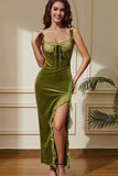 Green Mermaid Velvet Corset Long Party Dress with Laced Slit