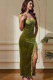 Green Mermaid Velvet Corset Long Party Dress with Laced Slit