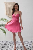 Fuchsia A-Line Spaghetti Straps Flower Short Party Dress