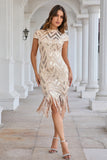 Sparkly Champagne High Neck Tight Short Party Dress with Tassels