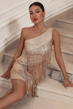 Sparkly Champagne One Shoulder Tight Short Party Dress with Tassels