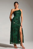 Sparkly Dark Green One Shoulder Mermaid Sequin Long Party Dress with Slit