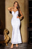 Sparkly White Mermaid Sequins Spaghetti Straps Long Party Dress