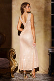 Sparkly Champagne Mermaid Sequins V Neck Long Ball Dress