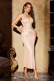 Sparkly Champagne Mermaid Sequins V Neck Long Ball Dress