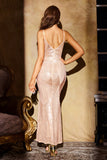 Sparkly Champagne Mermaid V Neck Sequined Long Ball Dress