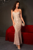 Sparkly Champagne Mermaid Spaghetti Straps Lace-Up Back Sequins Long Ball Dress