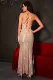 Sparkly Champagne Mermaid Spaghetti Straps Lace-Up Back Sequins Long Ball Dress