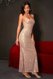 Sparkly Champagne Mermaid Spaghetti Straps Lace-Up Back Sequins Long Ball Dress