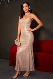 Sparkly Champagne Mermaid Spaghetti Straps Lace-Up Back Sequins Long Ball Dress