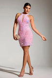 Sparkly Pink Sequins Tight Hollow Out Short Party Dress