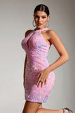 Sparkly Pink Sequins Tight Hollow Out Short Party Dress