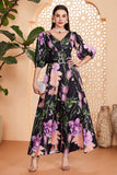 Black Floral A-Line V Neck Long Ball Dress with Belt