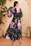 Black Floral A-Line V Neck Long Ball Dress with Belt