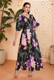 Black Floral A-Line V Neck Long Ball Dress with Belt