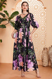 Black Floral A-Line V Neck Long Ball Dress with Belt