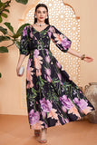 Black Floral A-Line V Neck Long Ball Dress with Belt