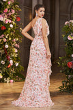 Pink Floral Mermaid One Shoulder Ruffle Long Ball Dress with Slit