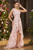 Pink Floral Mermaid One Shoulder Ruffle Long Ball Dress with Slit