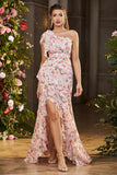 Pink Floral Mermaid One Shoulder Ruffle Long Ball Dress with Slit