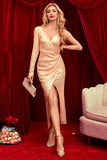 Sparkly Champagne Wrap Sequins Long Ball Dress