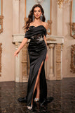 Sparkly Black Off the Shoulder Mermaid Corset Long Ball Dress with Slit