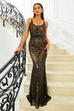 Sparkly Black Mermaid Spaghetti Straps Sequined Long Ball Dress