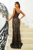 Sparkly Black Mermaid Spaghetti Straps Sequined Long Ball Dress