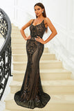 Sparkly Black Mermaid Spaghetti Straps Sequined Long Ball Dress